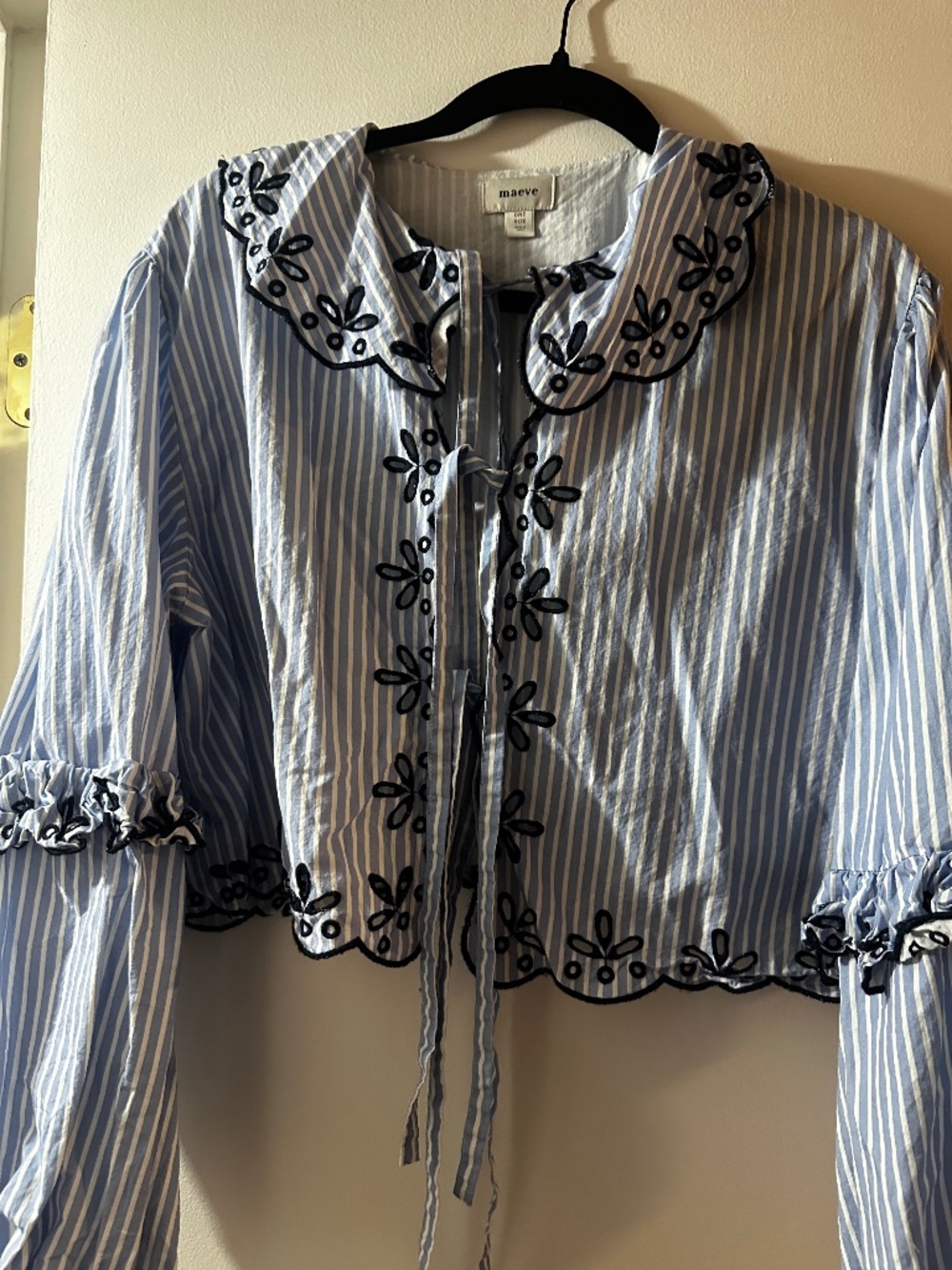 Anthropologie Maeve Scallop Tie Front Embroidered Striped Blouse One Size